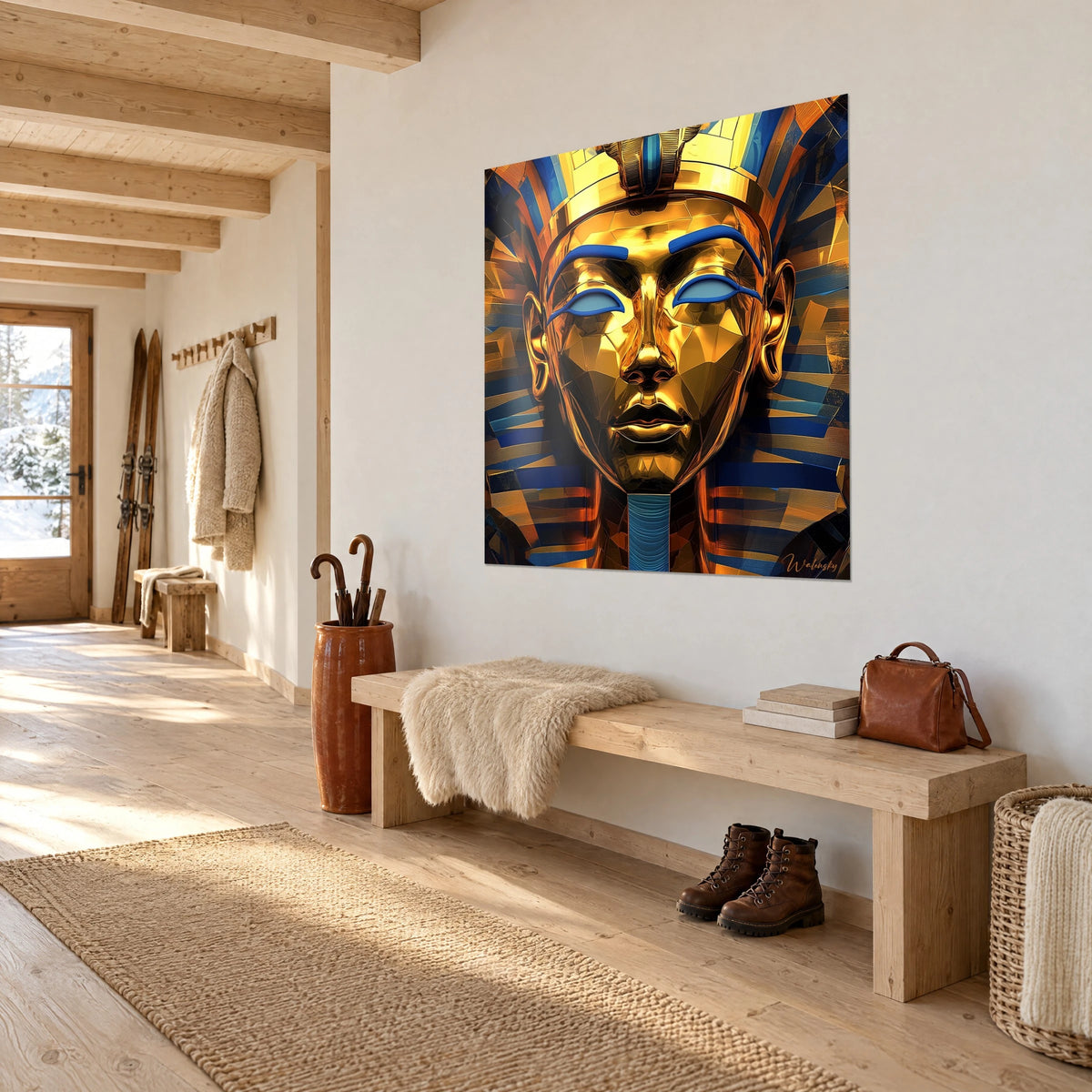 Tableau souverain égyptien aux joues dorées polies, fard bleu outremer, accroché de trois-quarts dans une entrée en bois clair de chalet