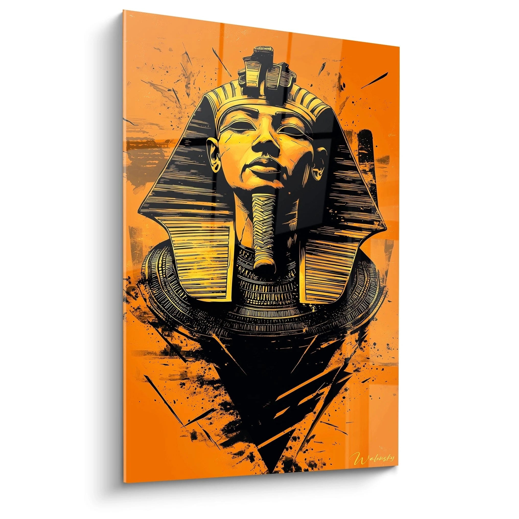 Tableau Egypte mural représentant un pharaon en or sur fond orange par Walensky