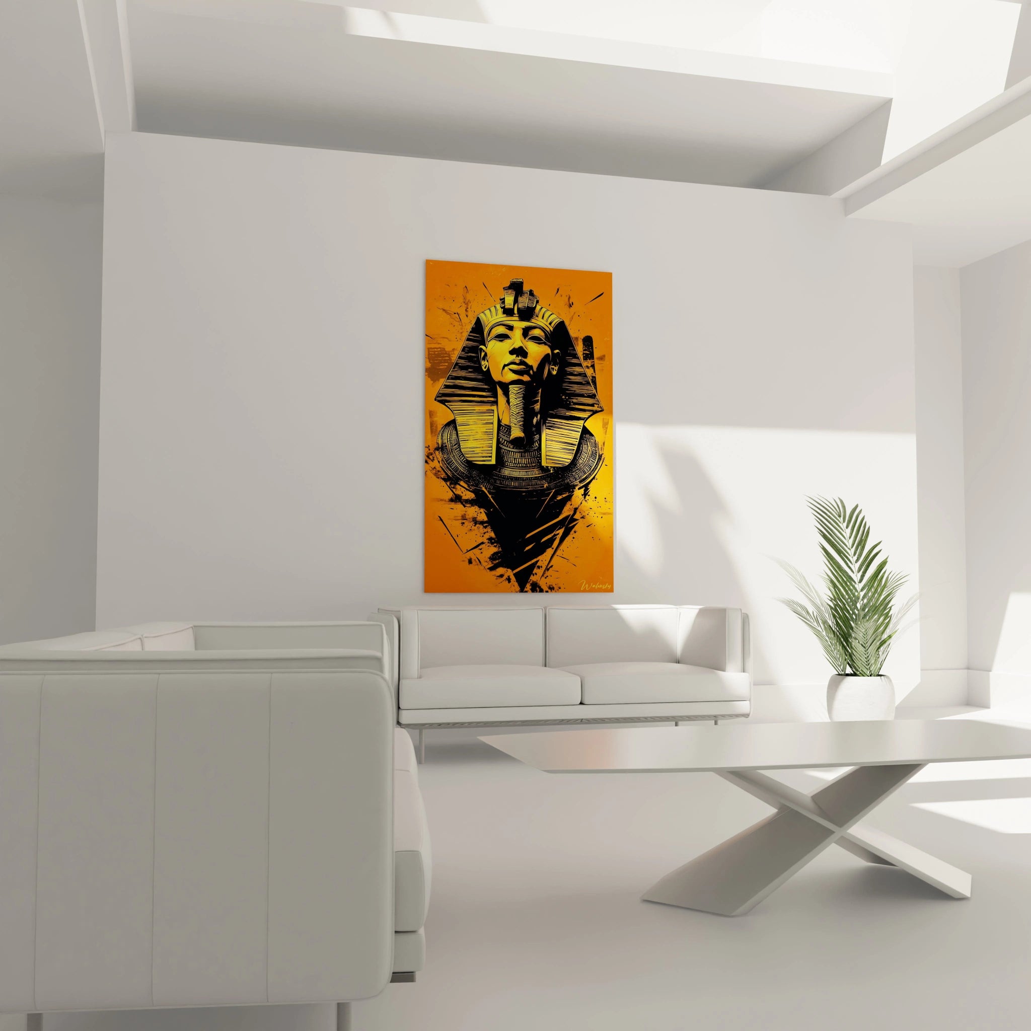 Tableau Egypte mural abstrait aux formes ondulées marron et beige dans un salon moderne blanc
