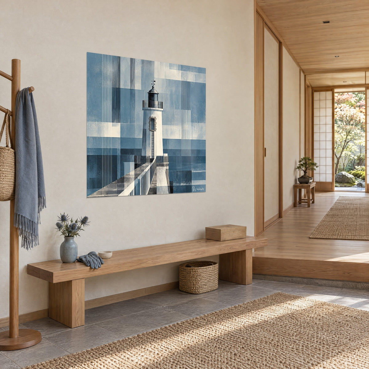 Wall art signal tower in cream and slate, steel blue and beige stripes, three-quarter view in a japandi hallway, Sables-d'Olonne