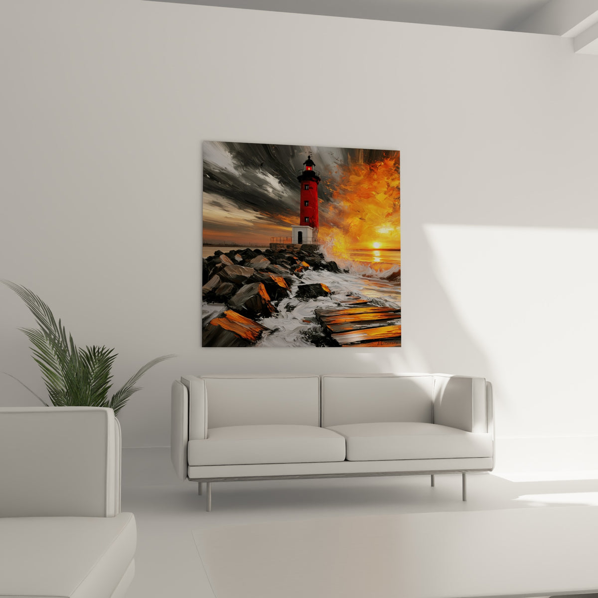 Vagues incandescentes orange et rochers gris autour d'un phare rouge au-dessus d'un canapé dans un salon lumineux