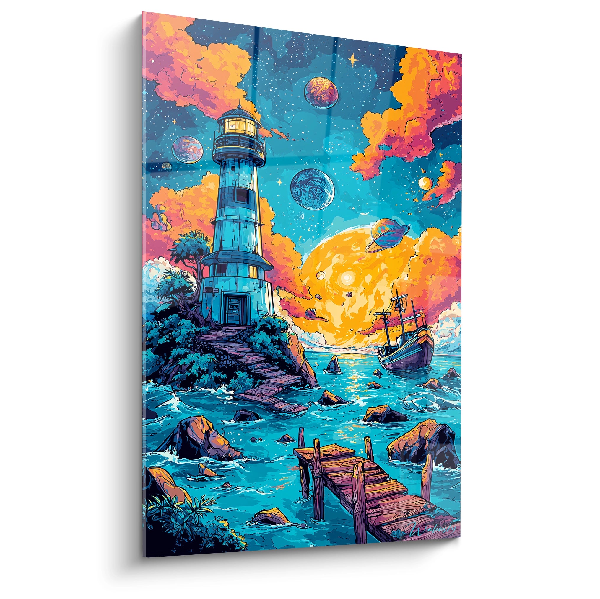 Tableau mural phare cosmique bande dessiné avec planètes colorées et voilier sur océan étoilé