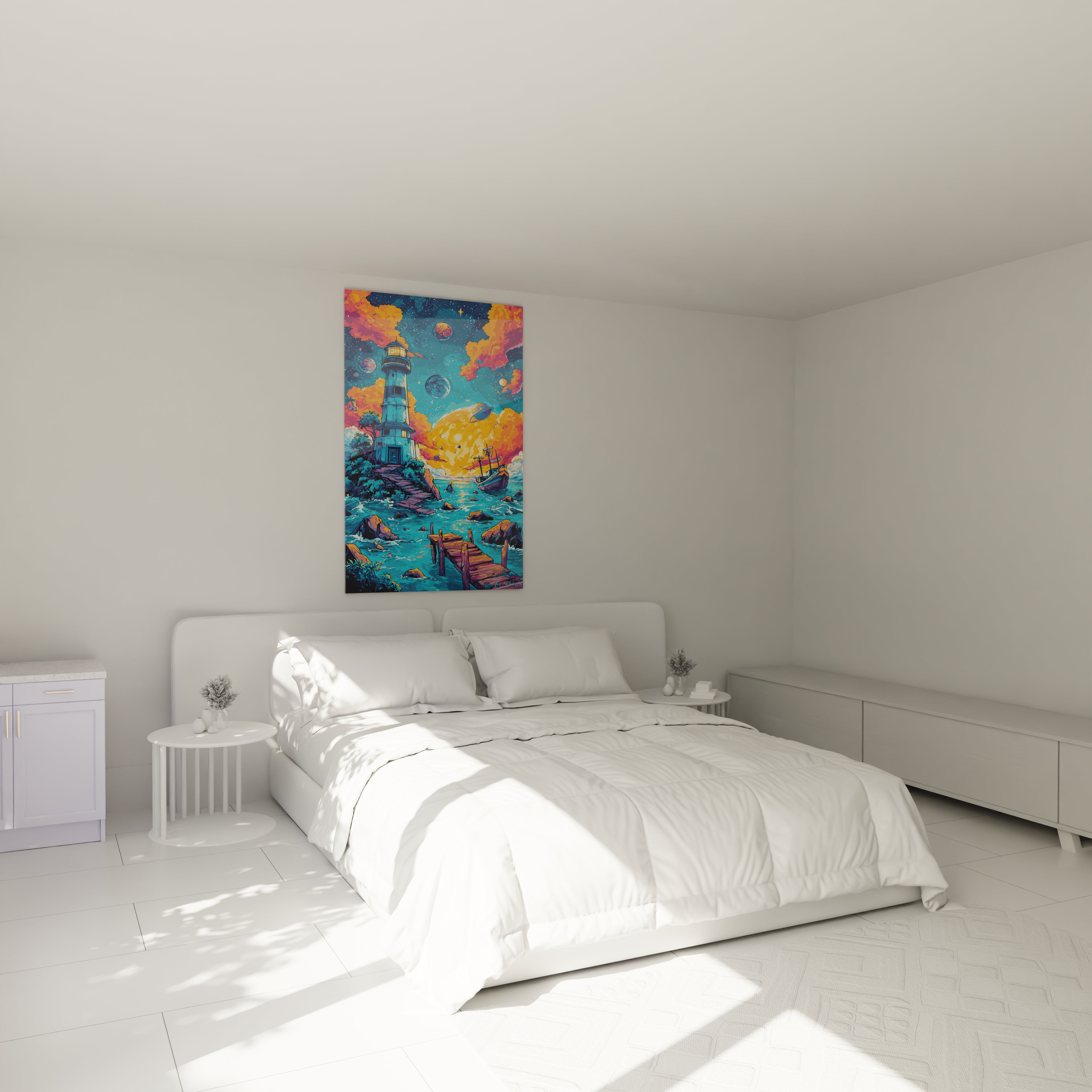Ambiance chambre avec tableau phare cosmique bande dessiné décorant mur moderne