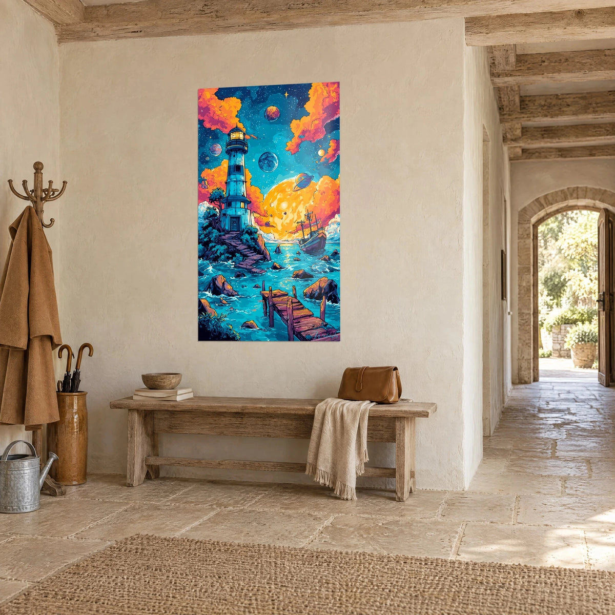 Tableau gardien des étoiles, tour bleue et lune jaune géante dominant une mer turquoise, mur de pierre et couloir voûté