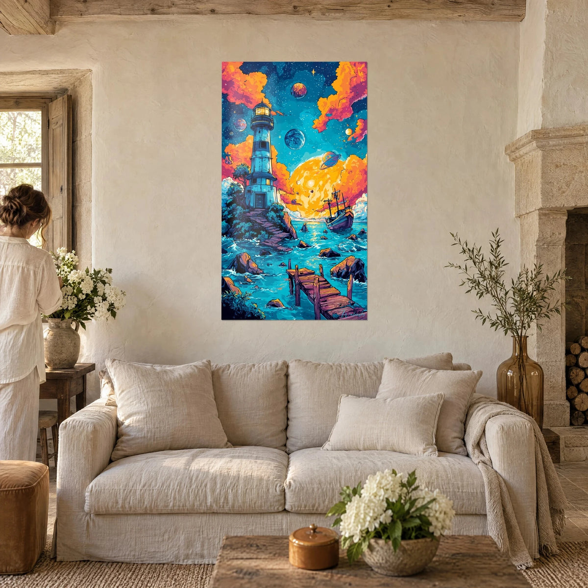 Tableau phare cosmique aux nuages orange et planètes sur fond turquoise, personne de dos, au-dessus d'un canapé dans un salon lumineux