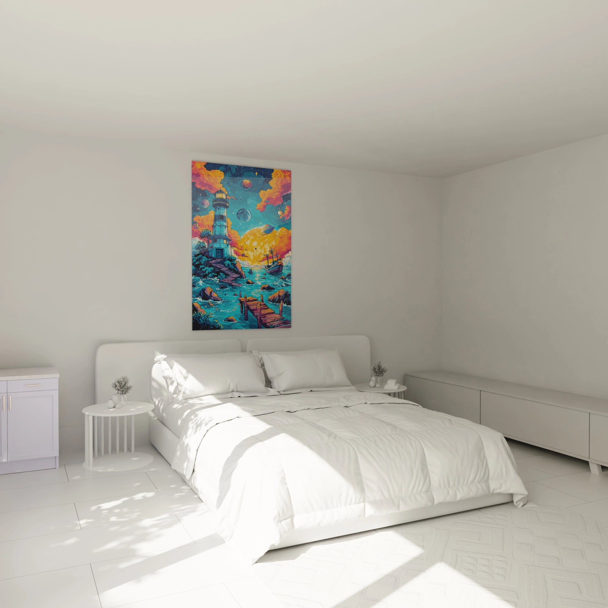 Ambiance chambre avec tableau phare cosmique bande dessiné décorant mur moderne