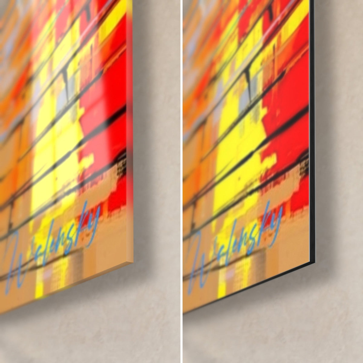 Tableau lanterne rouge et jetée orange, coin bas droit : verre acrylique brillant à gauche, Dibond noir mat à droite, tranche de 3 mm
