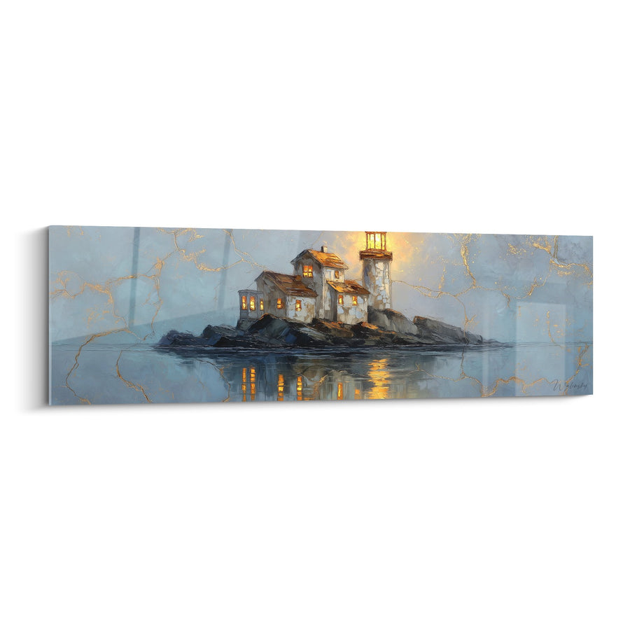 Tableau Phare illuminé sur îlot rocheux avec reflets dorés au crépuscule - Lumière maritime - Edition Feng shui Nord Eau