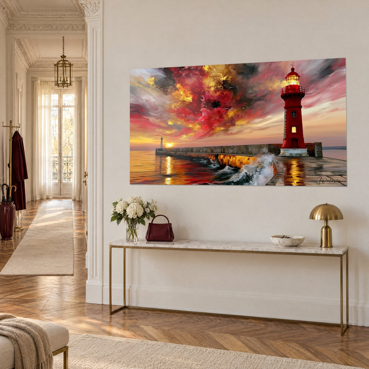 Tableau tour vermillon au lanterneau doré, vagues blanches contre le môle, console laiton et marbre d'un couloir haussmannien