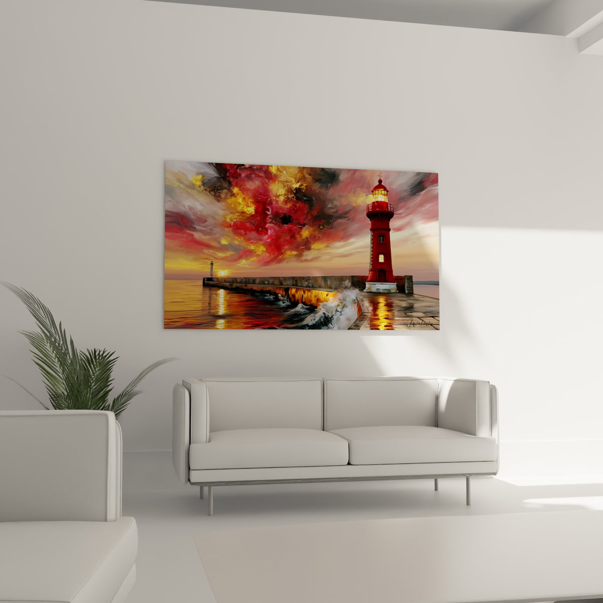 Lanterne allumée d'un phare rouge et or surplombant une mer agitée, au-dessus d'un canapé dans un salon lumineux