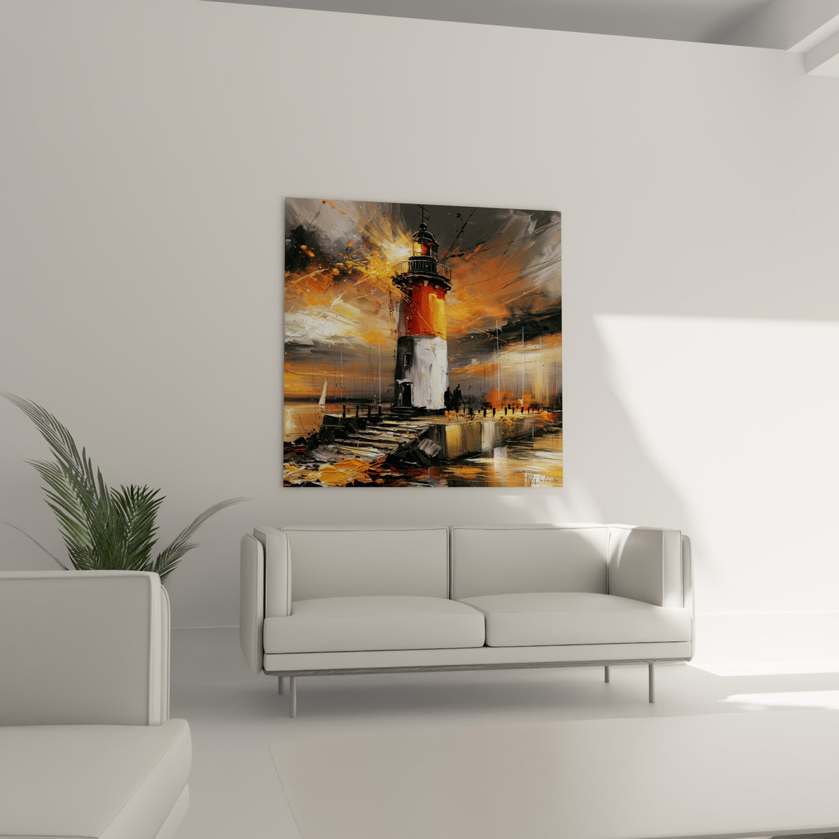 Tour du phare aux teintes orange et grises accrochée dans un salon lumineux au-dessus du canapé