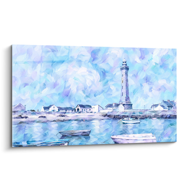 Quadro Faro costiero blu e bianco con barche - Quiete del porto - Edizione Faro di Eckmühl Bretagna Francia