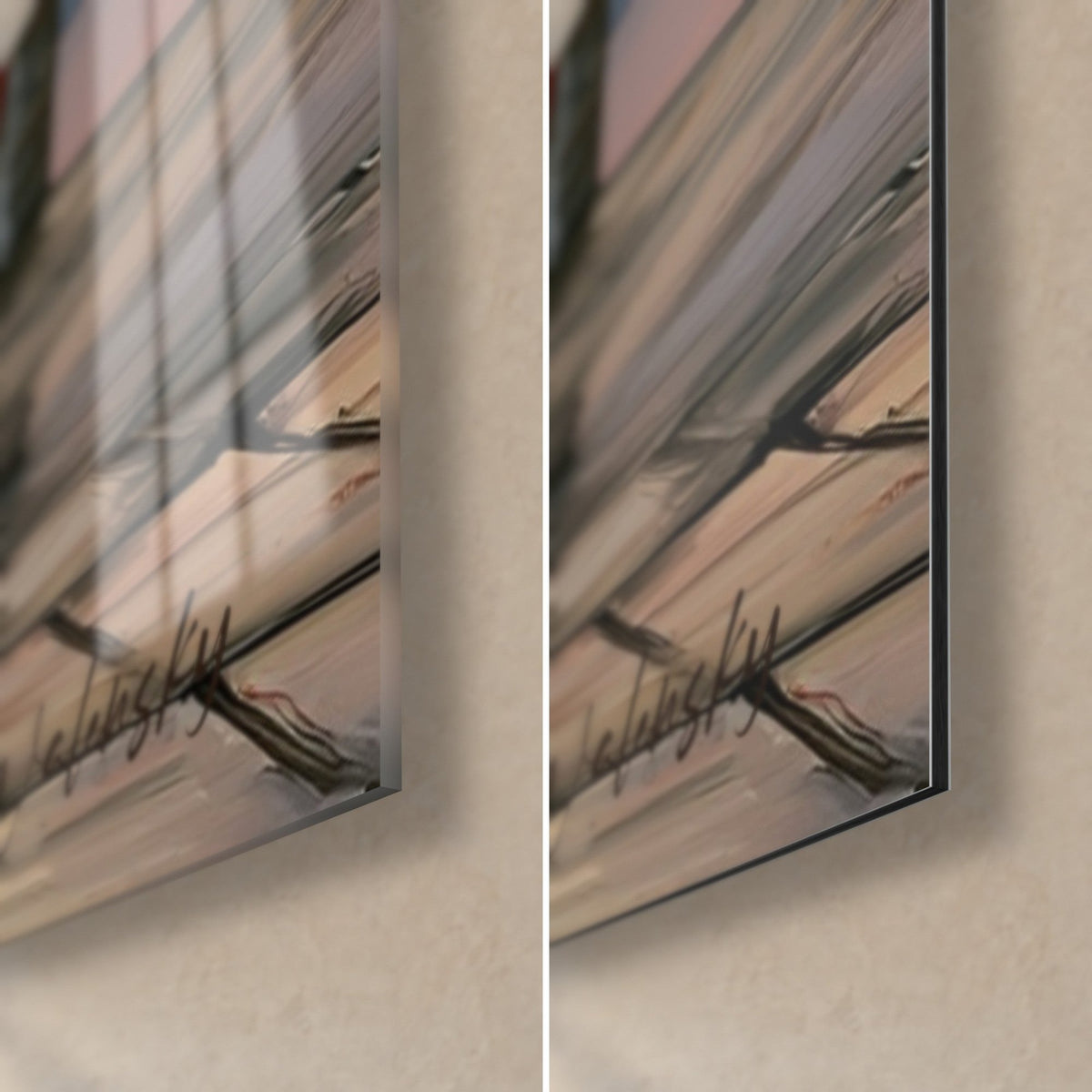 Tableau lanterne écarlate sur jetée, coin bas droit : verre brillant à gauche, alu Dibond noir mat à droite, tranche de 3 mm