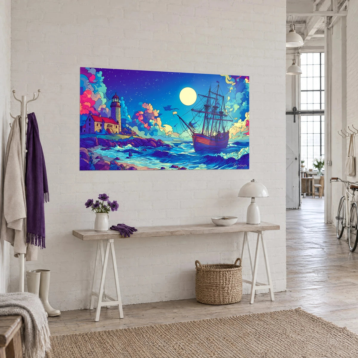 Tableau navire à voiles ancré près d'un phare, mer bleu cobalt écumeuse, ciel étoilé violet, accroché dans un loft d'artiste