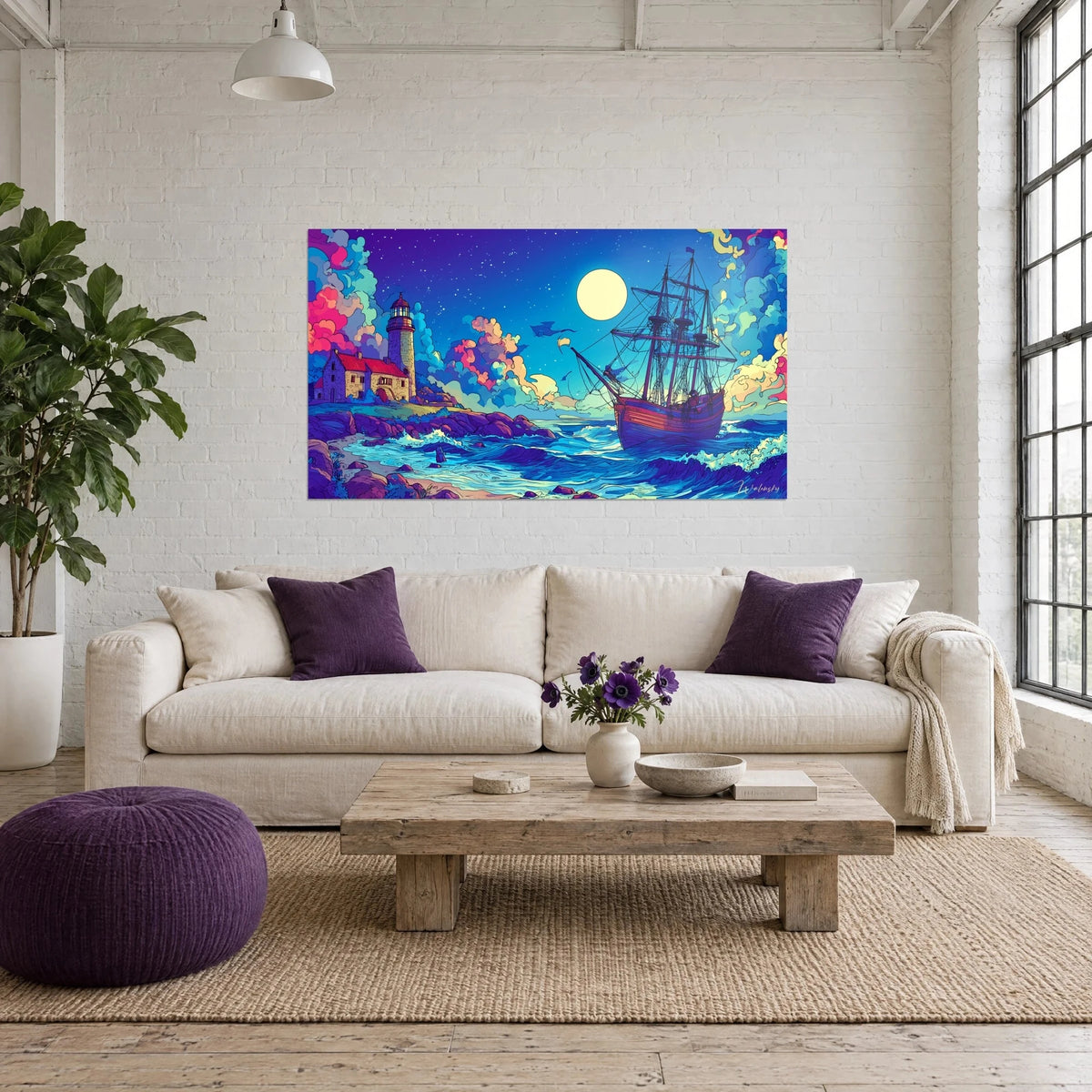 Tableau trois-mâts sous pleine lune jaune pâle, phare de pierre et nuages roses et turquoise, au-dessus d'un canapé dans un salon lumineux