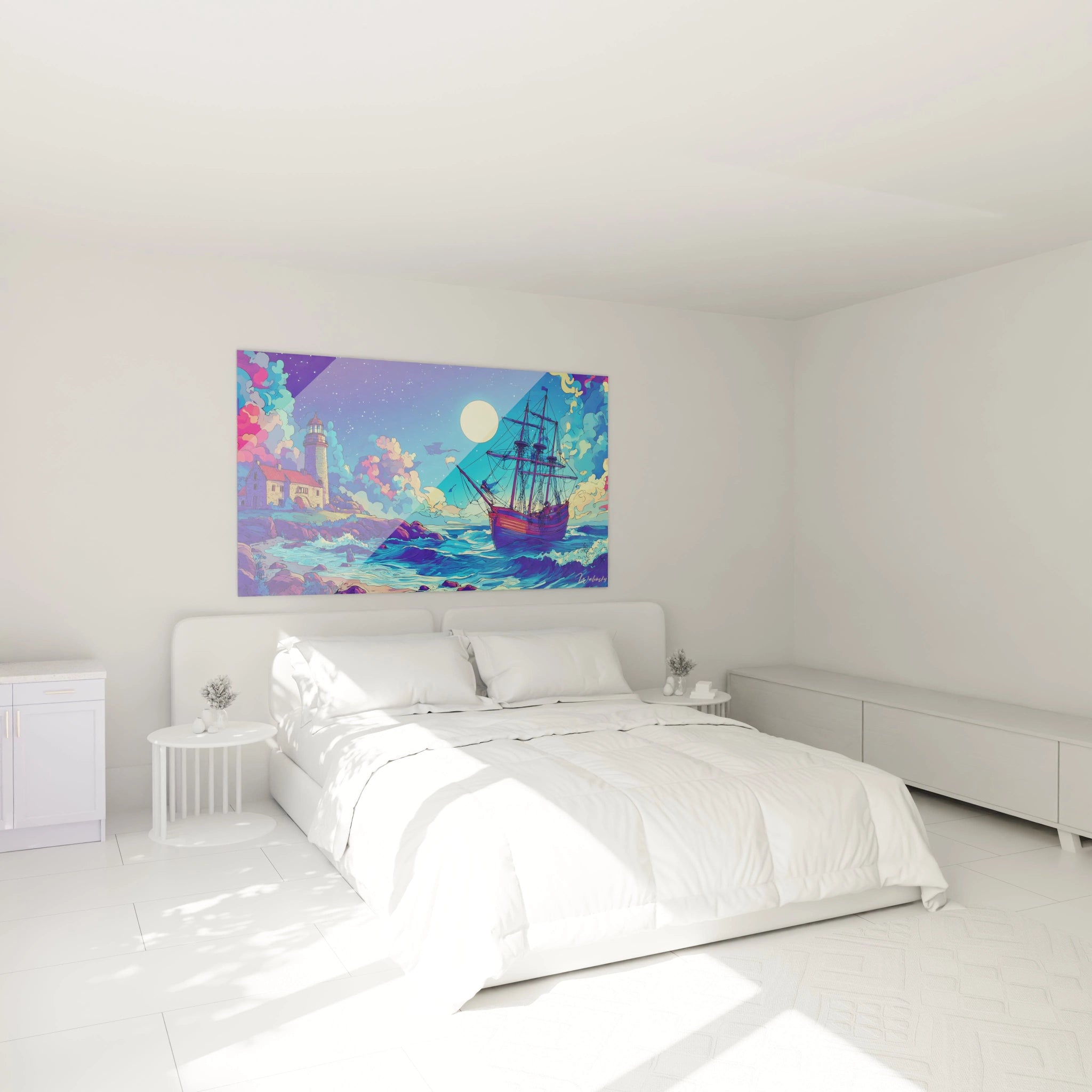 Tableau phare maritime bande dessinée dans ambiance chambre moderne avec décoration murale océan