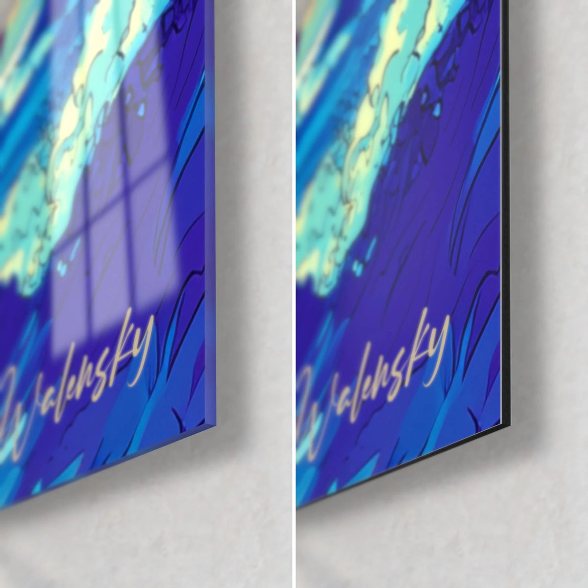 Tableau bateau à voiles nocturne, coin bas droit en vagues bleu indigo et signature dorée Walensky, verre brillant et Dibond mat, tranche 3 mm