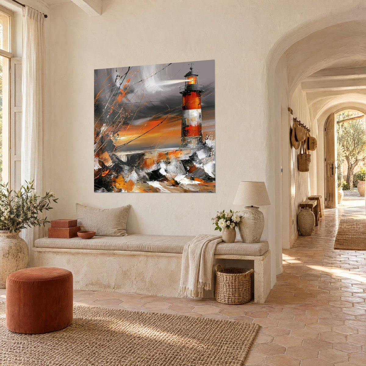 Tableau tour de signalisation rouge et grise éclaboussée d'écume blanche, coups de couteau orange, dans l'entrée voûtée d'un mas provençal