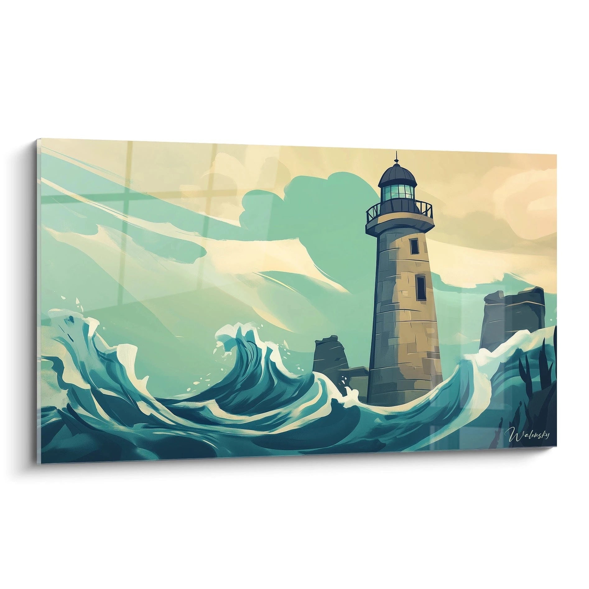 Un tableau artistique représentant un phare majestueux confronté à des vagues turquoise déferlantes, avec un ciel beige clair et des rochers sombres, créant un contraste dynamique entre la solidité du phare et la fluidité de l'eau.
