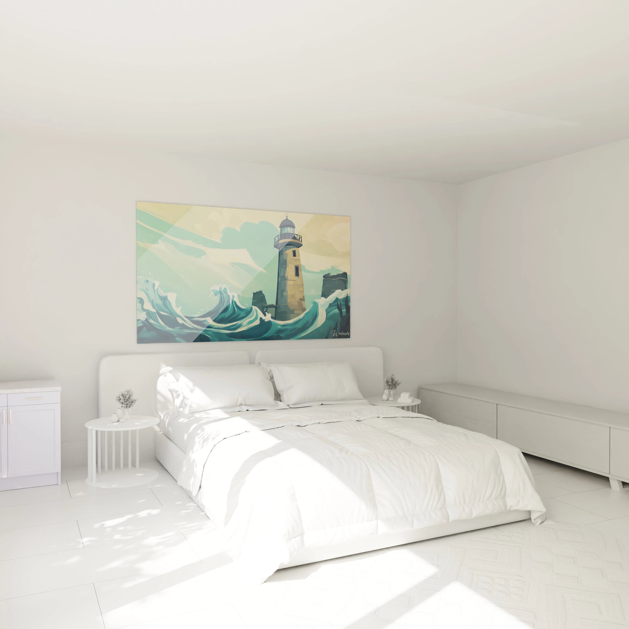 Un tableau maritime minimaliste montrant un phare de pierre beige entouré de vagues turquoise écumantes, sous un ciel pastel, avec des textures lisses et des transitions douces entre les différentes zones de couleur.
