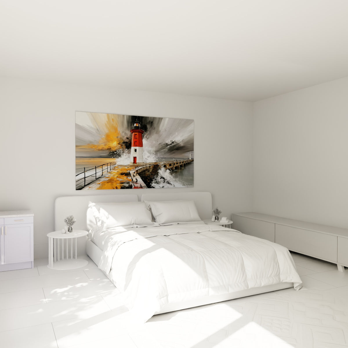 Tourelle rouge et blanche face à l'écume, au-dessus d'un lit dans une chambre claire