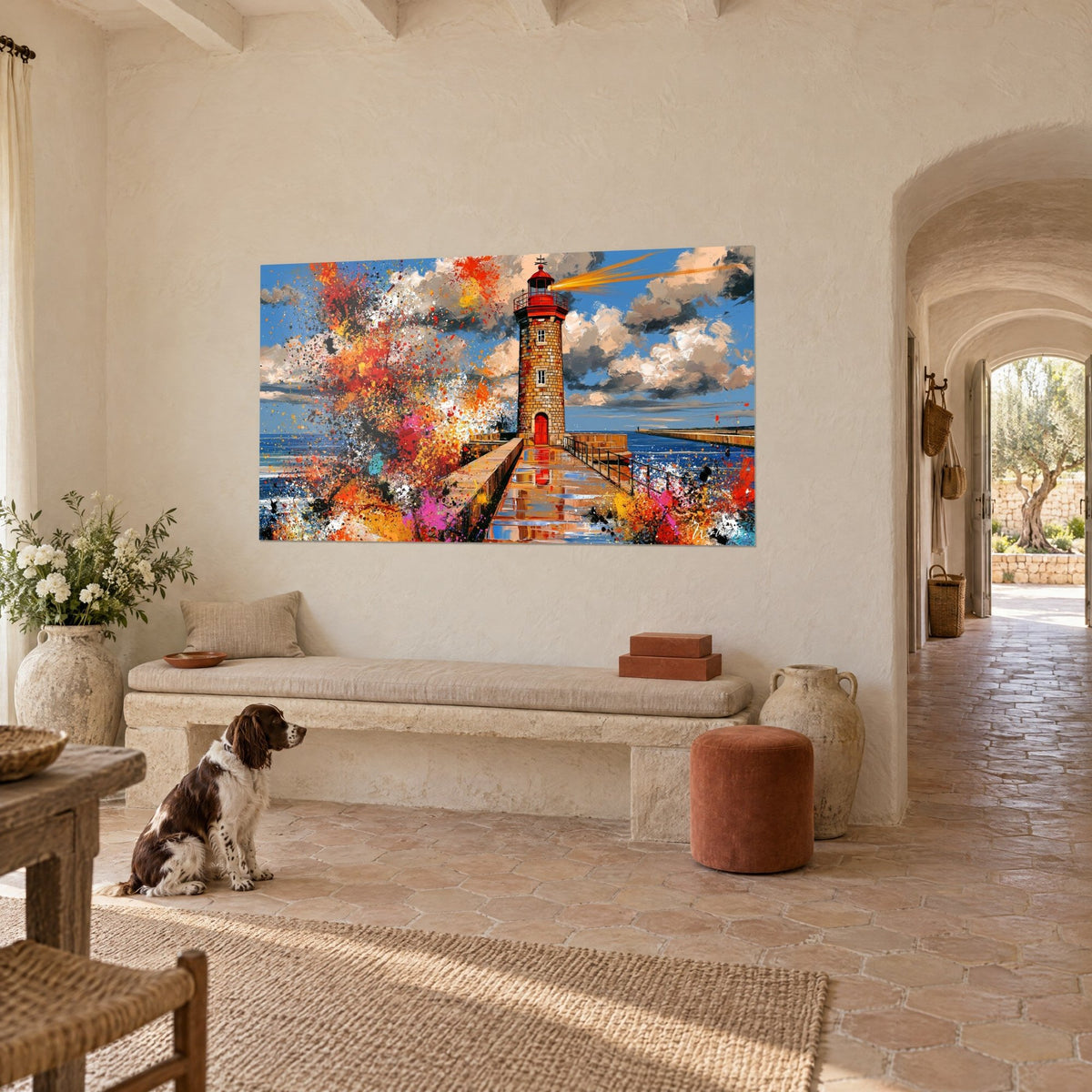 Quadro torre di pietra con lanterna rossa e molo lucido, nuvole color crema e blu, spaniel seduto, vista di tre quarti, casolare provenzale