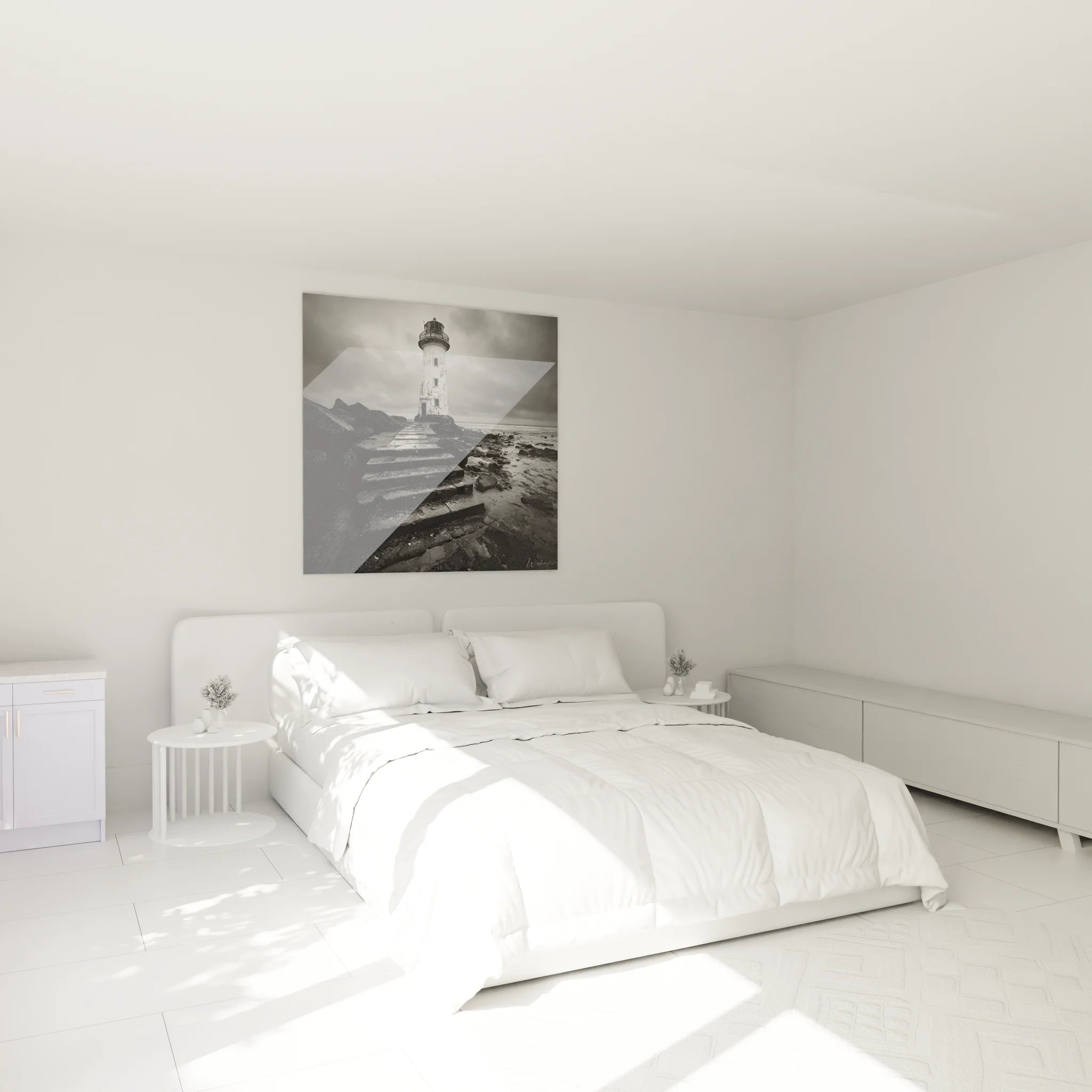 Tableau phare maritime noir blanc décorant chambre moderne, ambiance côtière apaisante