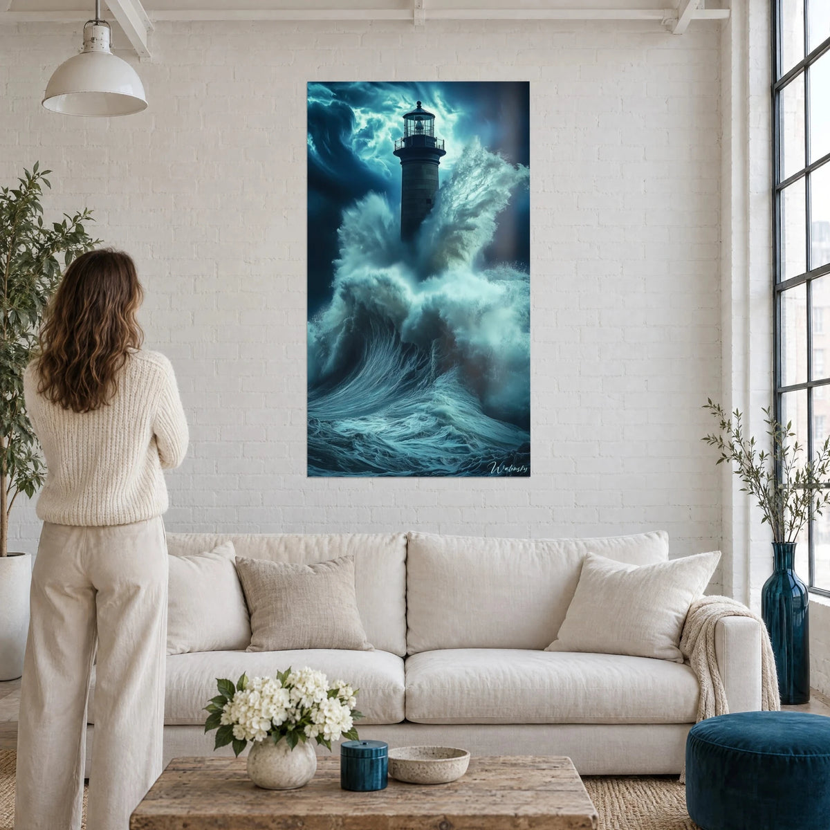 Tableau phare de pierre sombre battu par une vague turquoise géante, ciel bleu nuit, au-dessus d'un canapé dans un salon lumineux
