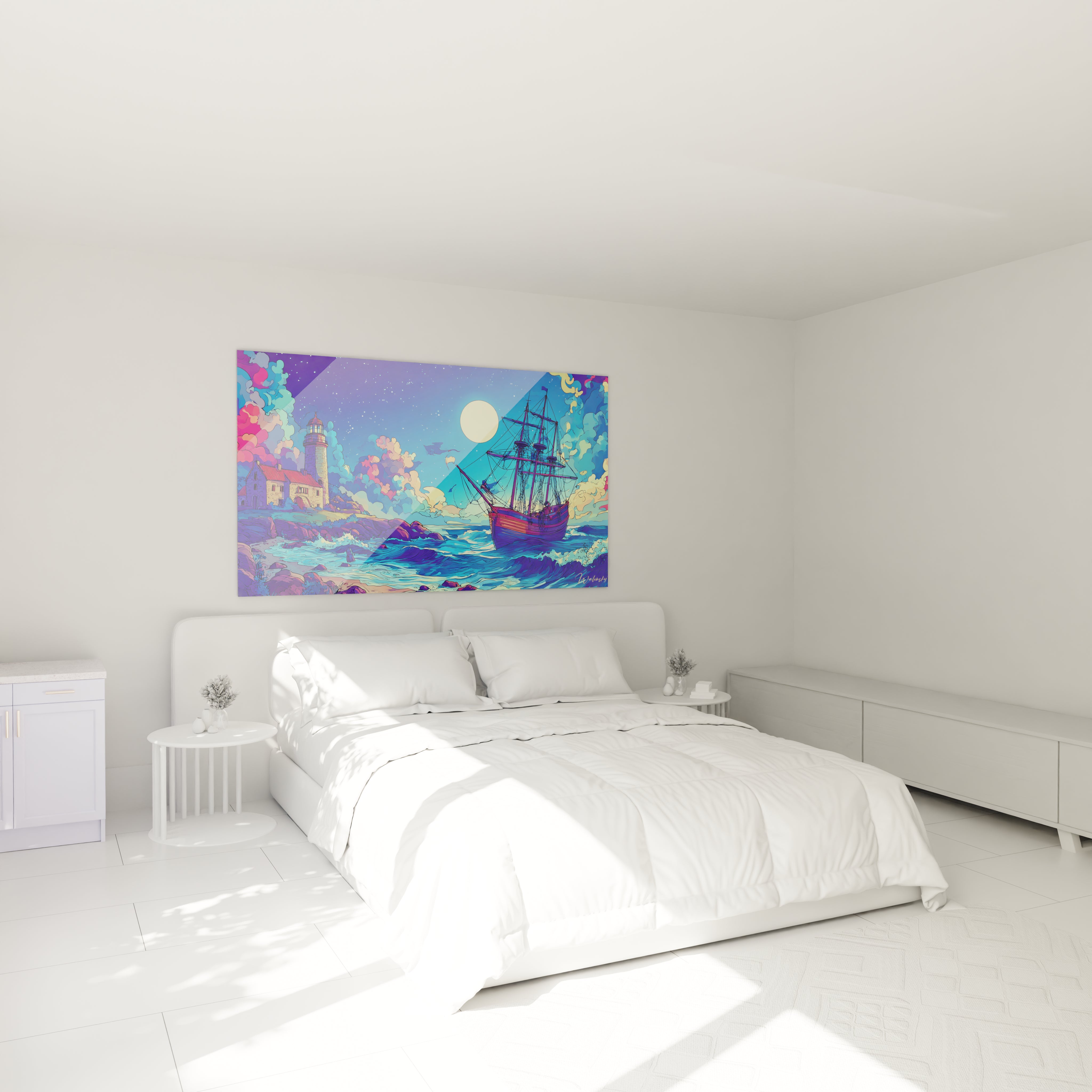 Tableau phare maritime bande dessinée dans ambiance chambre moderne avec décoration murale océan