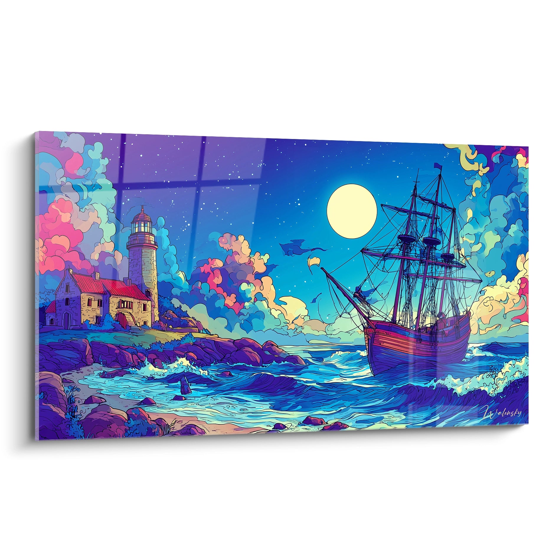 Tableau mural phare et navire style bande dessinée avec lune pleine et océan nocturne aux couleurs vibrantes