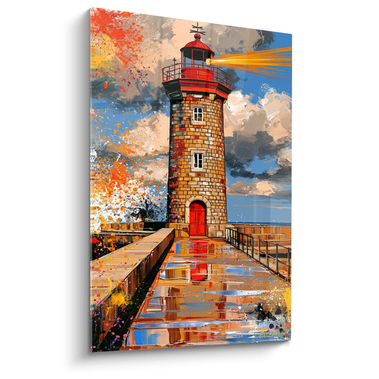 Tableau Phare de pierre brune et rouge avec faisceau lumineux - Porte rouge et girouette - Edition Phare