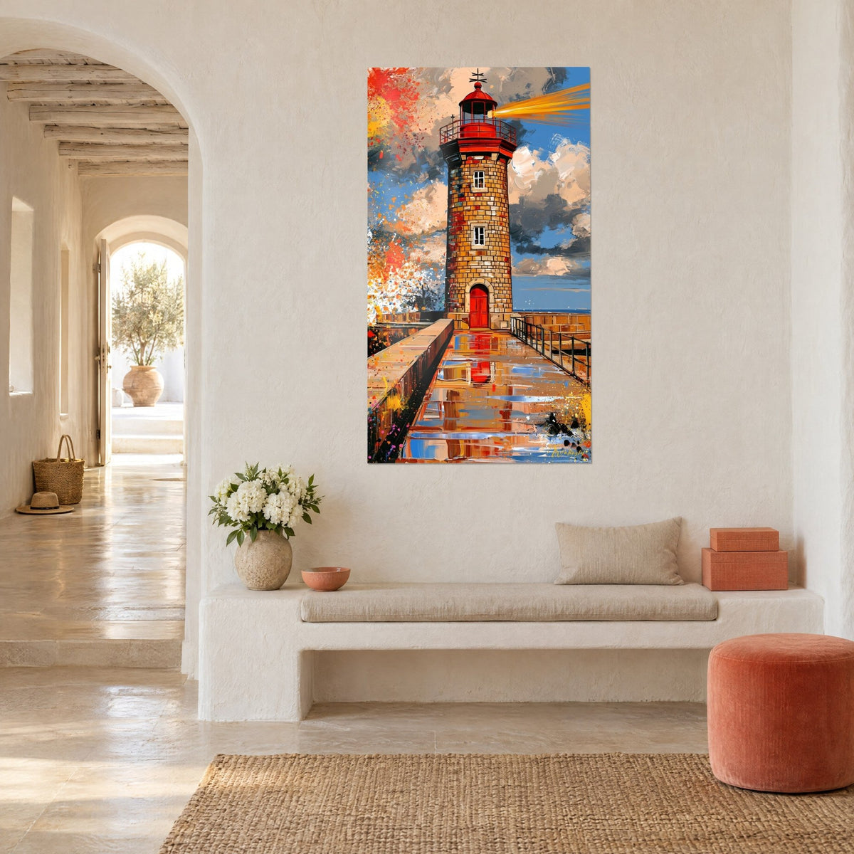 Wall art watchtower of ochre brick, yellow beam against blue sky, reflected jetty, in a vaulted hallway of a Mediterranean house