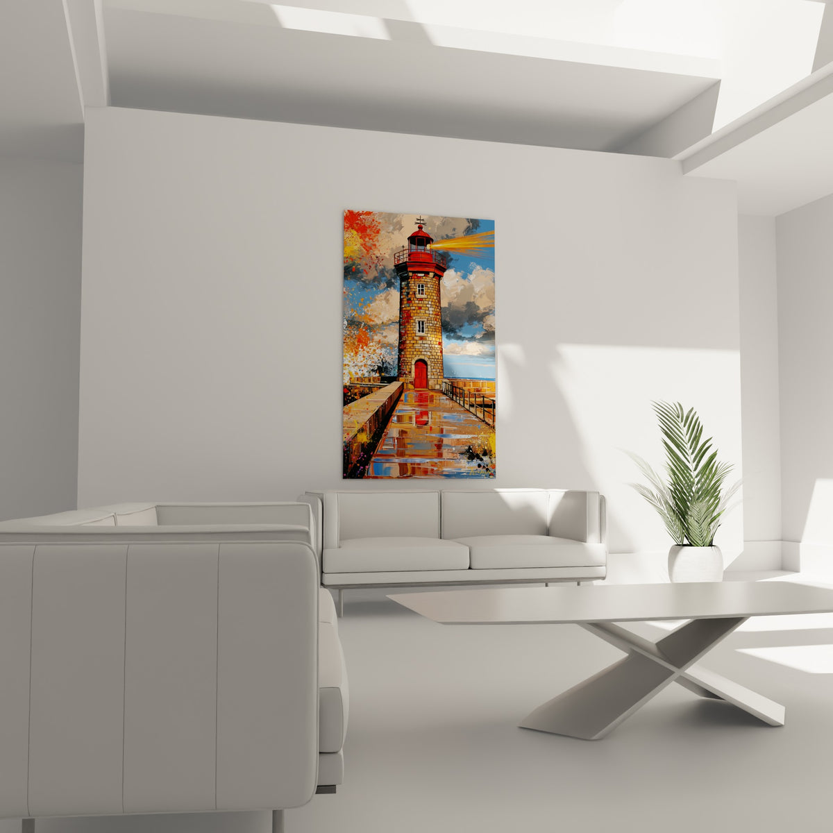 Porte rouge du phare et éclaboussures orange sur ciel bleu, au-dessus d'un canapé dans un salon lumineux