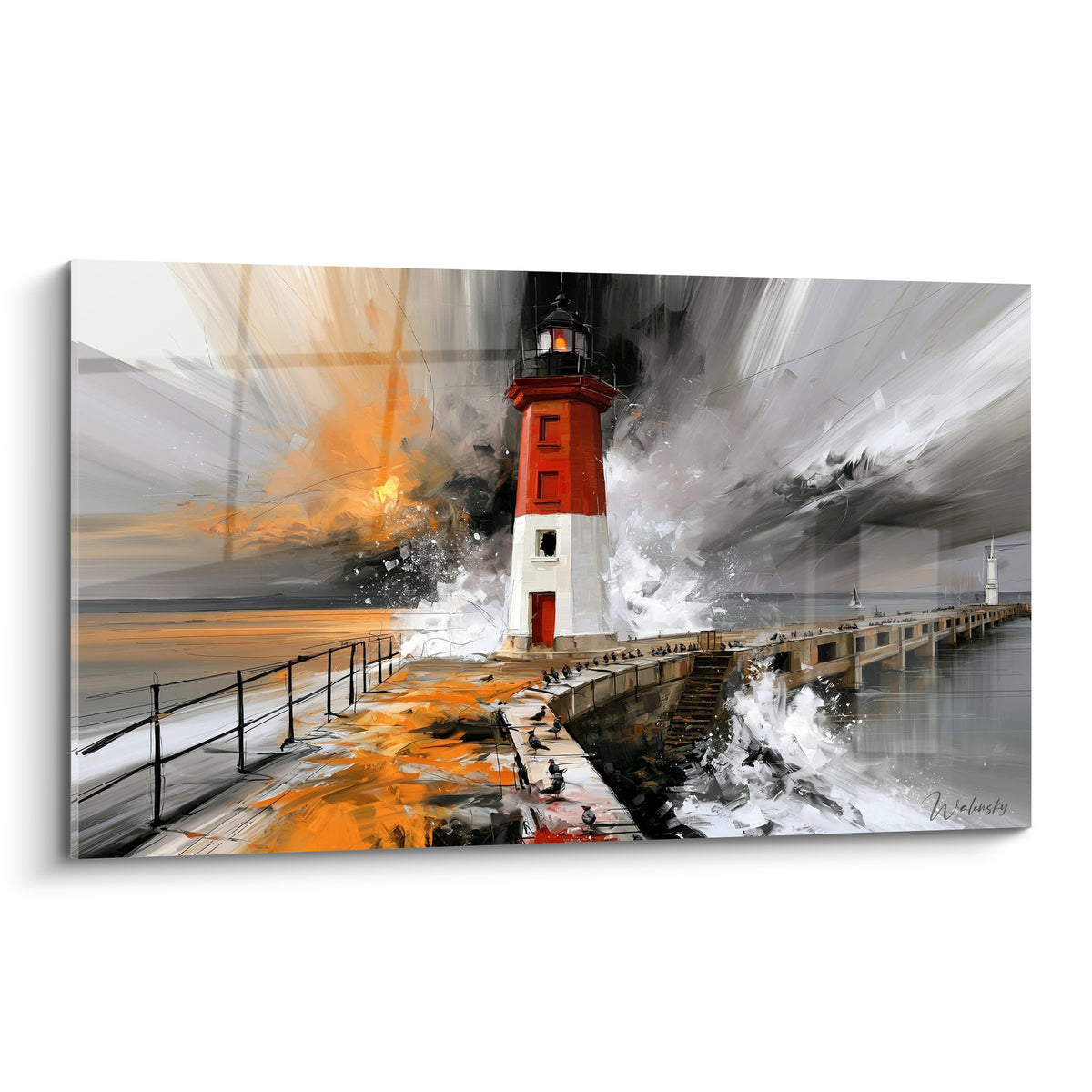 Phare rouge et blanc battu par des vagues grises sous un ciel orange déchiré