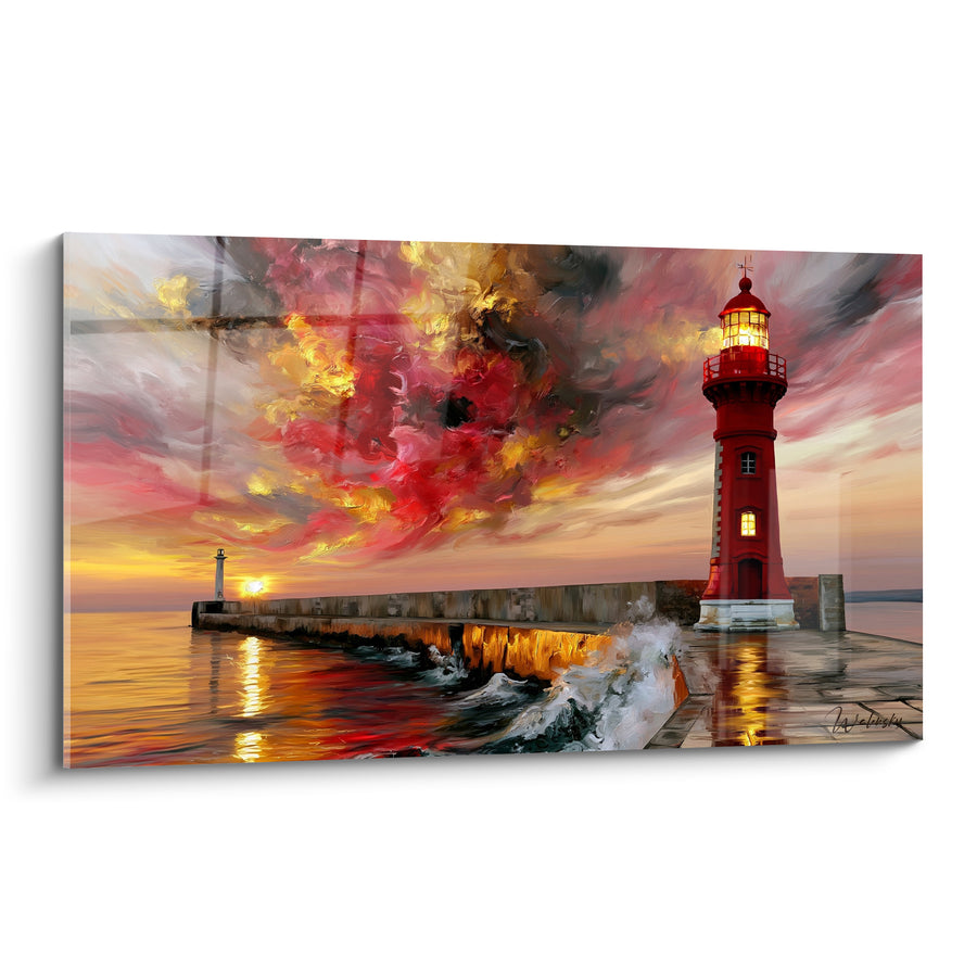 Tableau Phare rouge sur jetée embrasée - Veille avant l'orage - Edition Phare