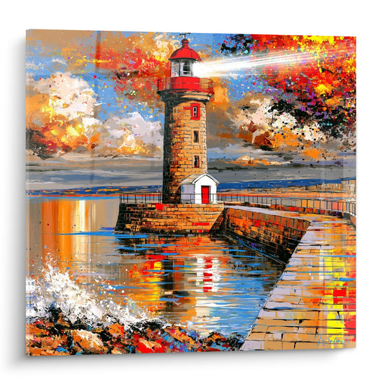 Tableau Phare rouge et doré sur une jetée - Veille sur les flots - Edition Phare