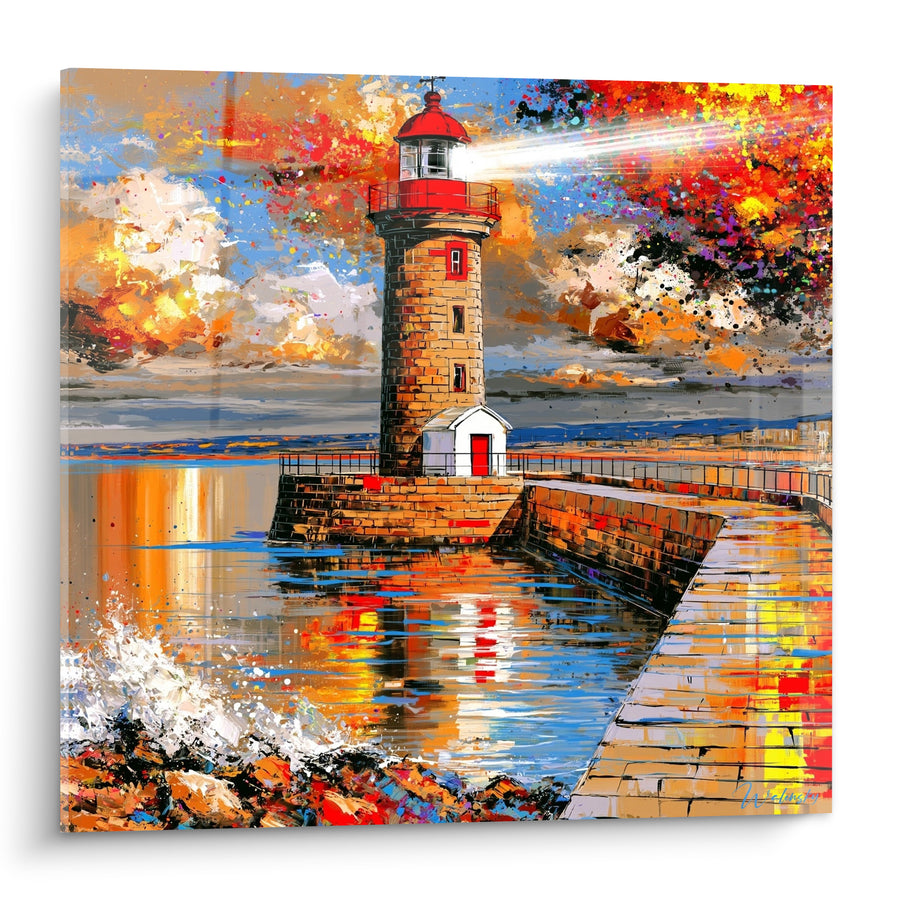 Tableau Phare rouge et doré sur une jetée - Veille sur les flots - Edition Phare