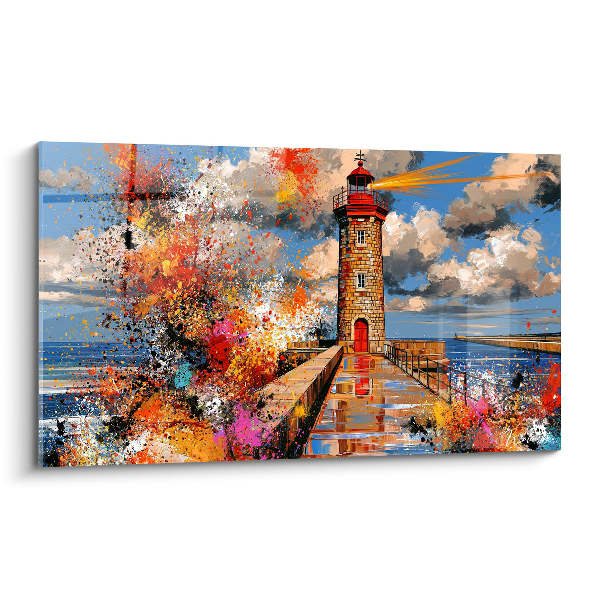 Phare rouge et beige au faisceau doré, éclaboussures orange et bleu marine éclatantes