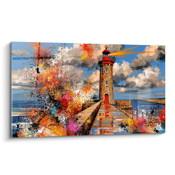 Tableau Phare rouge sur jetée aux éclaboussures multicolores - Après la tempête - Edition Phare