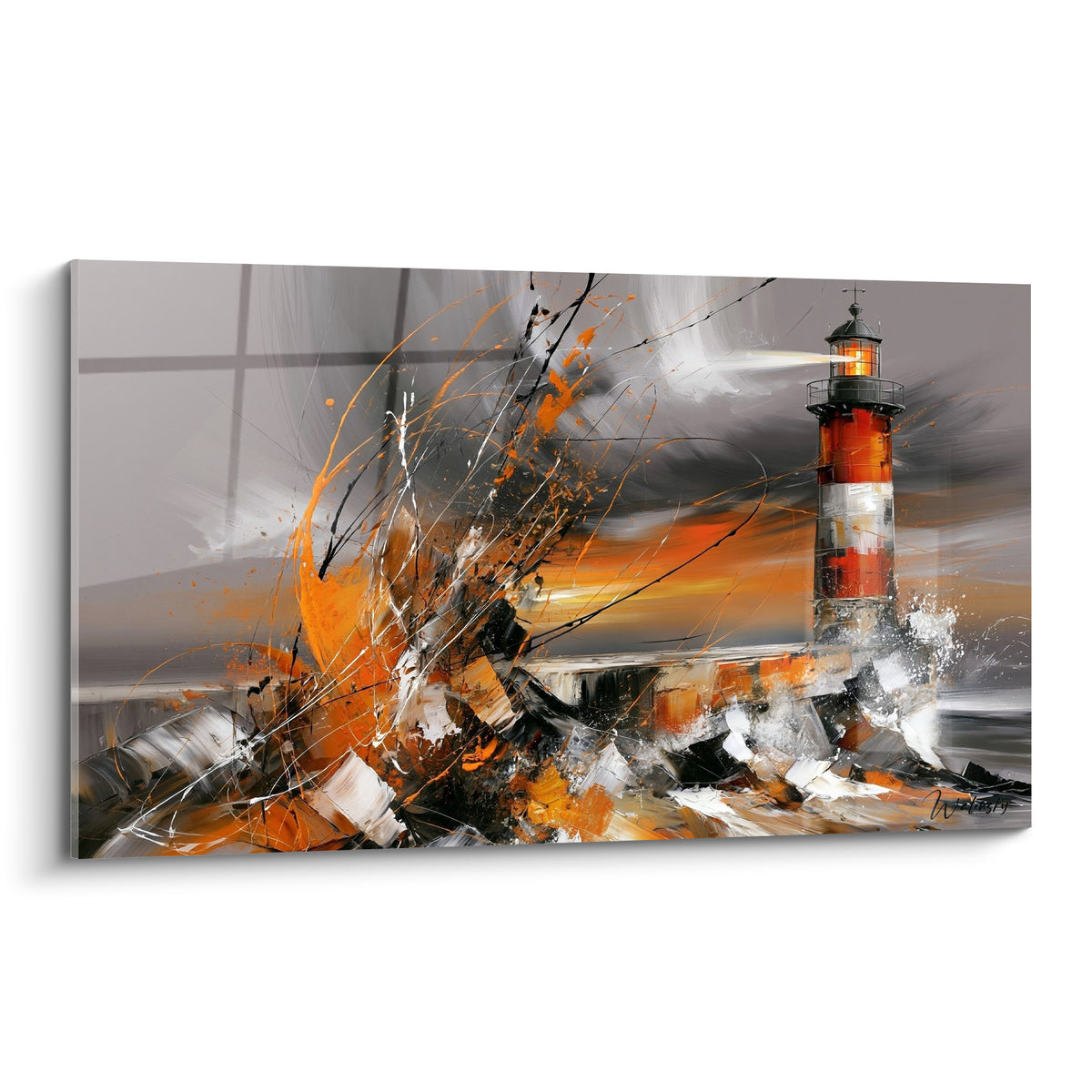 Phare rouge et blanc dressé sous un ciel anthracite, éclats orange en tempête