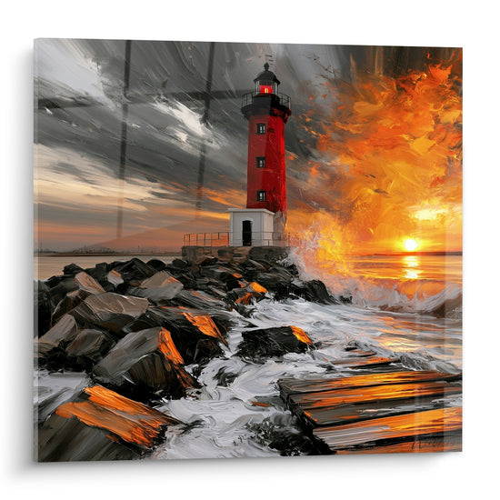 Tableau Phare rouge sur rochers noirs embrasés - Tempête flamboyante - Edition Phare
