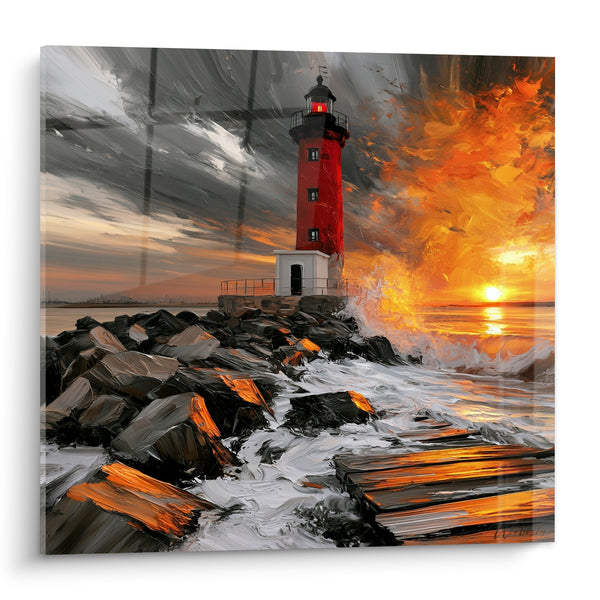 Tableau Phare rouge sur rochers noirs embrasés - Tempête flamboyante - Edition Phare