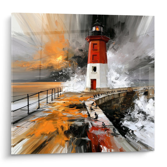 Tableau Phare rouge sur jetée battue par les vagues - Tempête et résistance - Edition Phare