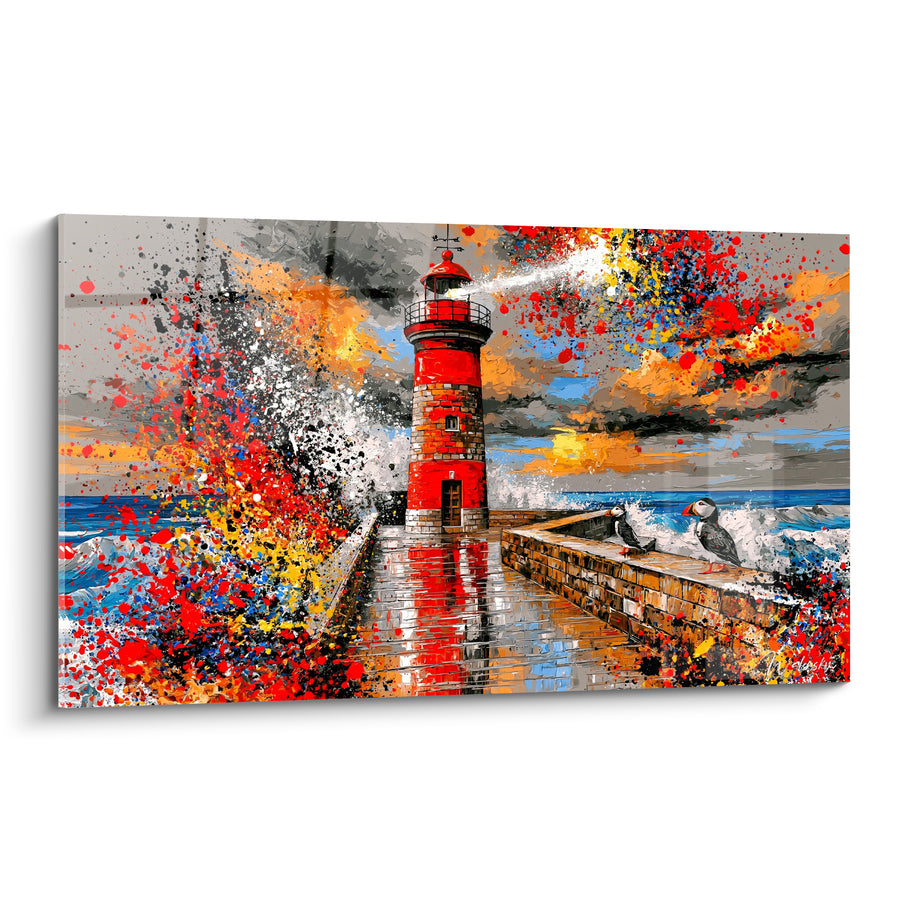 Tableau Phare rouge et gris sur jetée éclaboussée - Fureur des flots - Edition Phare