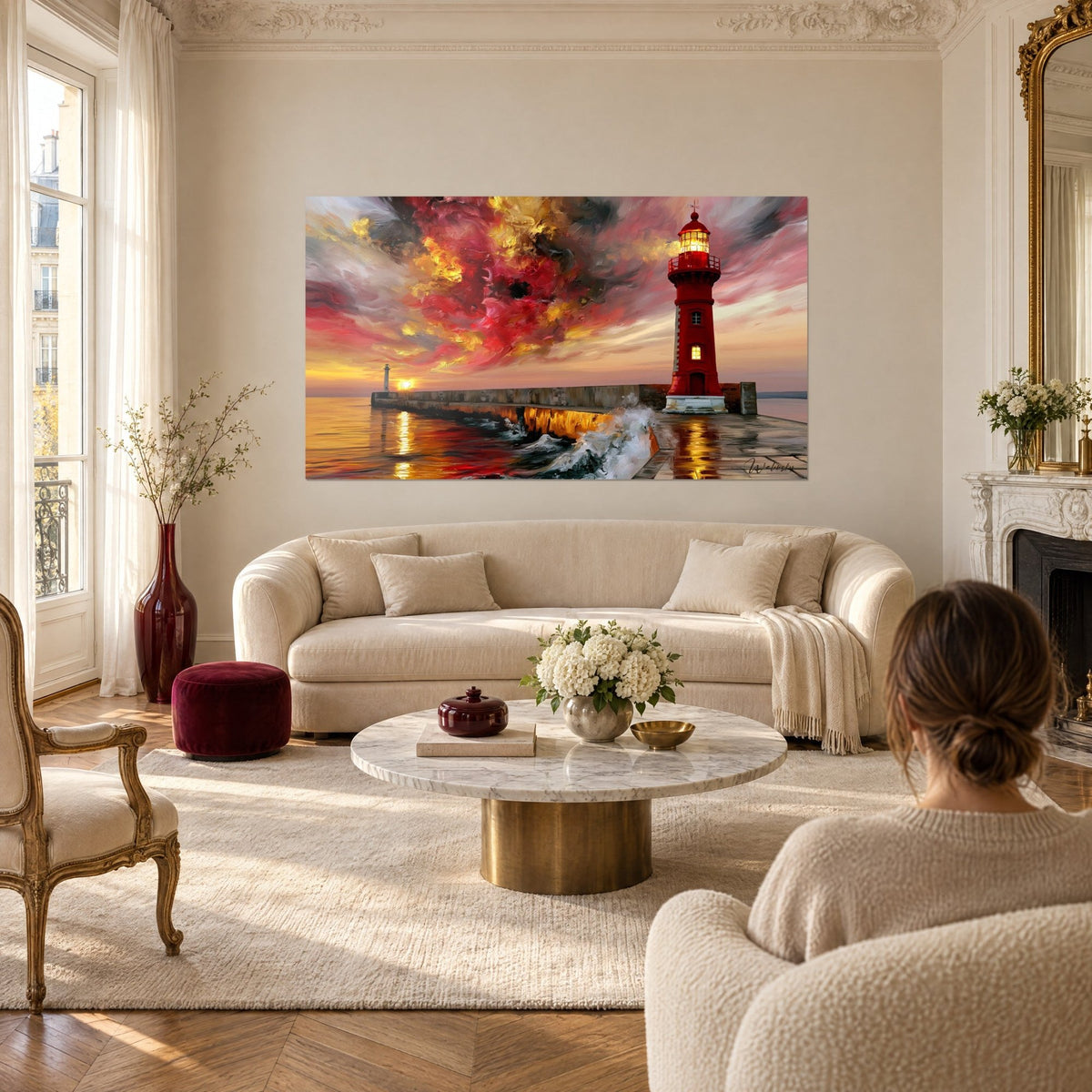 Tableau phare rouge dominant la jetée, ciel écarlate et or tourbillonnant, femme de dos au-dessus d'un canapé dans un salon lumineux