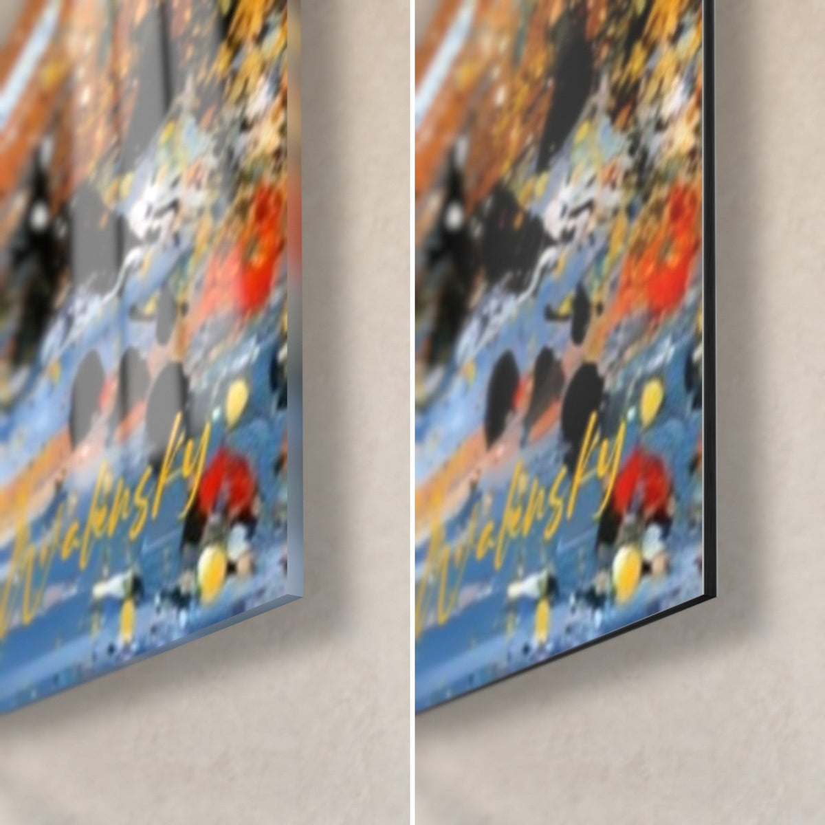 Wall art lighthouse painted with a palette knife, orange and blue splashes, yellow signature, 3 mm edge, glossy glass and matte Dibond