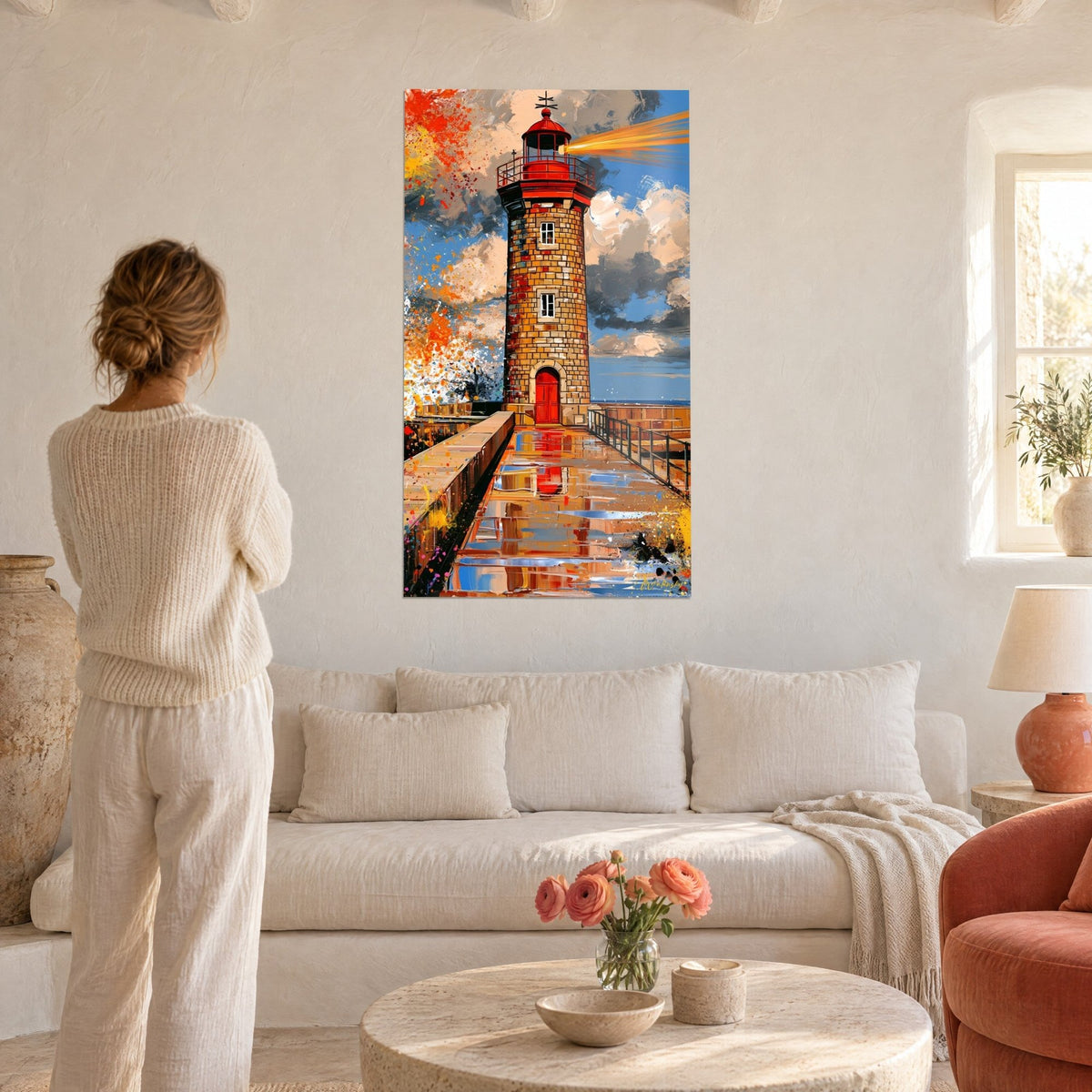Wall art lighthouse of brown stone with a red lantern, blue sky and cream clouds, woman seen from behind, above a sofa in a bright living room
