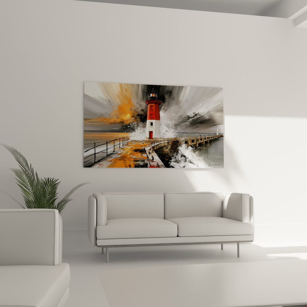 Jetée orageuse et phare éclairé aux tons orange, au-dessus d'un canapé dans un salon lumineux