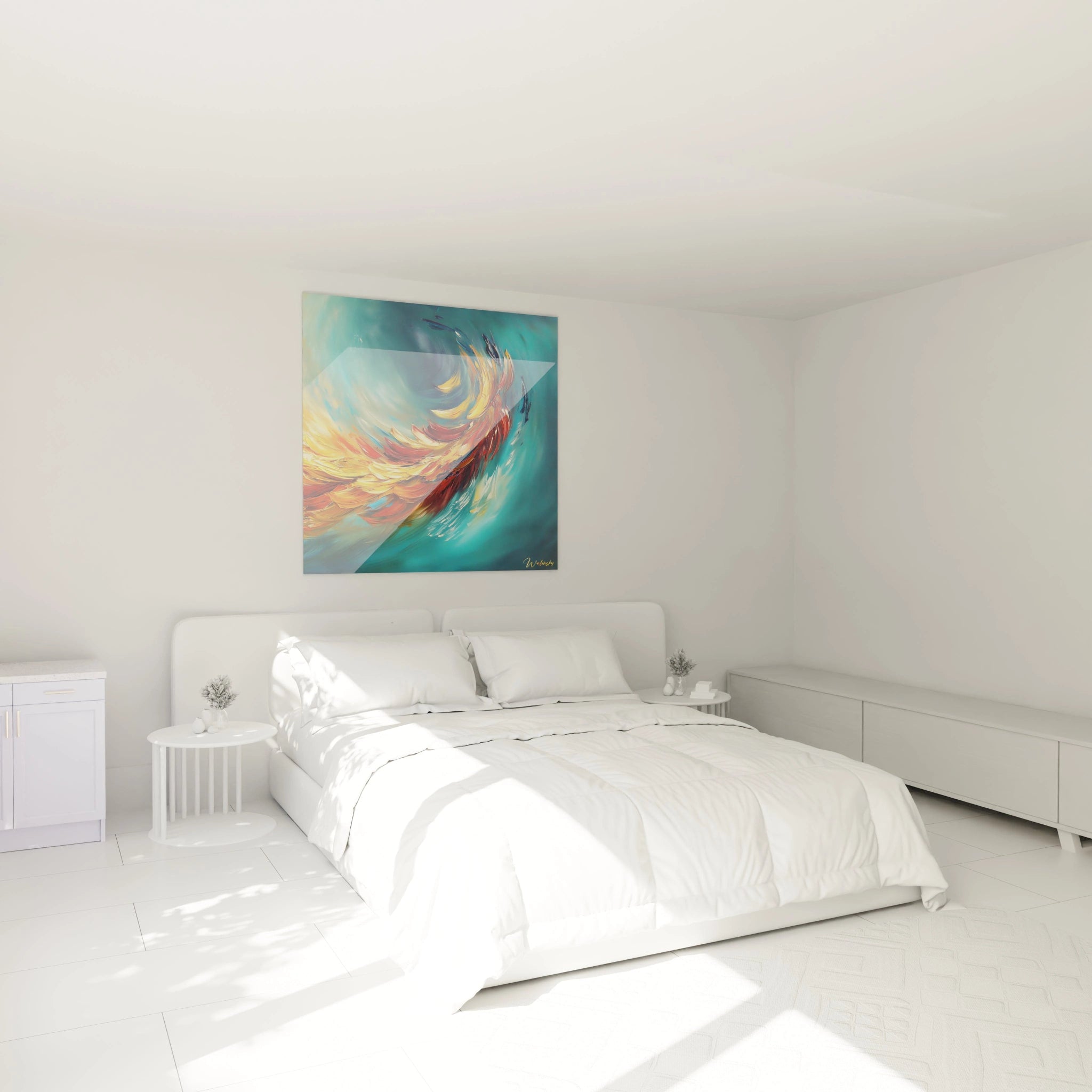 Tableau moderne abstrait de Walensky avec des teintes bleues et orangées dans une chambre lumineuse