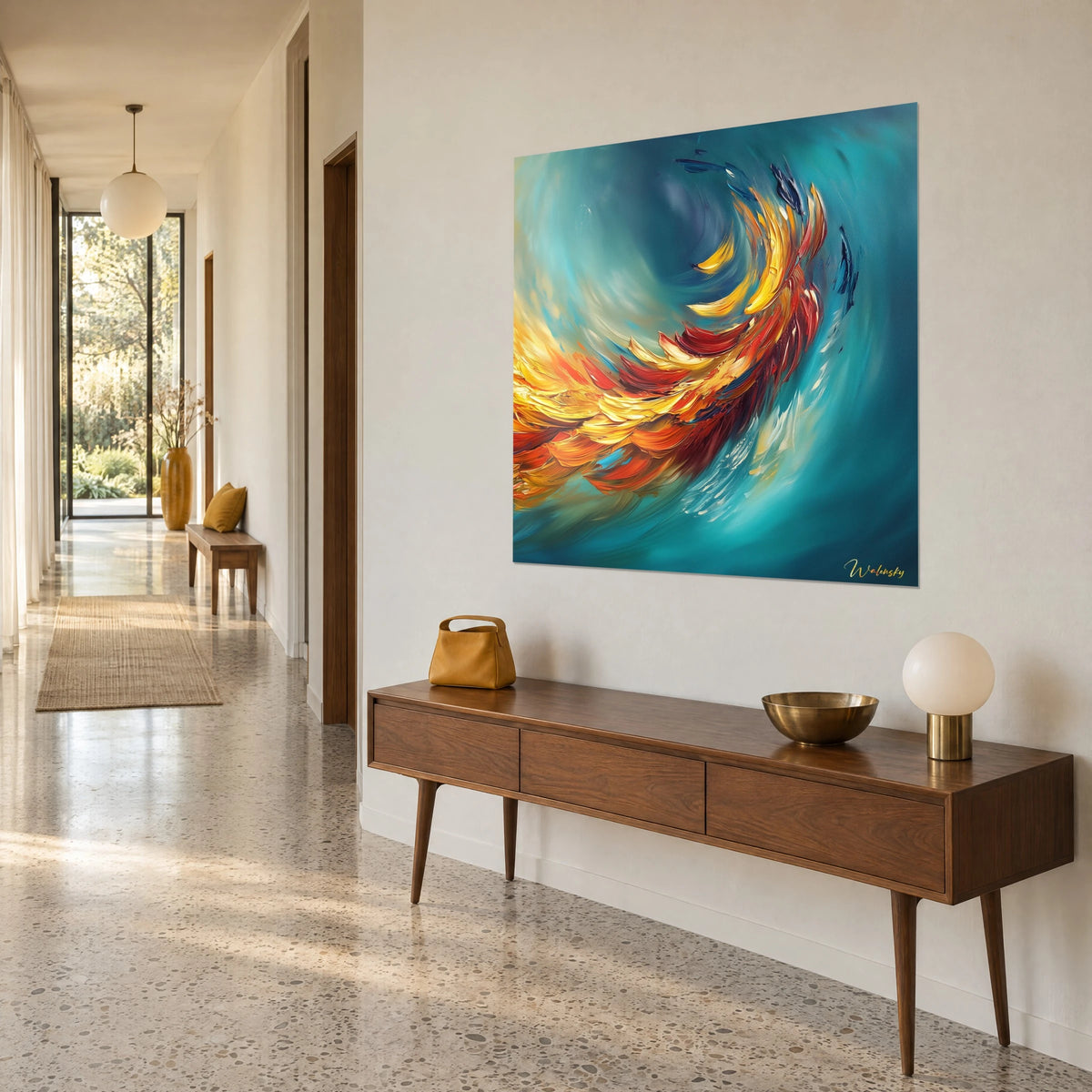 Schilderij van een feniks met oranje en gele penseelstreken in een blauwgroene draaikolk, boven een houten dressoir in een gang